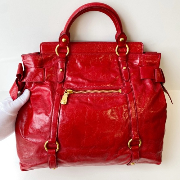 Miu Miu Bow Bag Red Patent Leather Gold Accents X-Body Strap Large Shoulder Bag - Picture 4 of 10